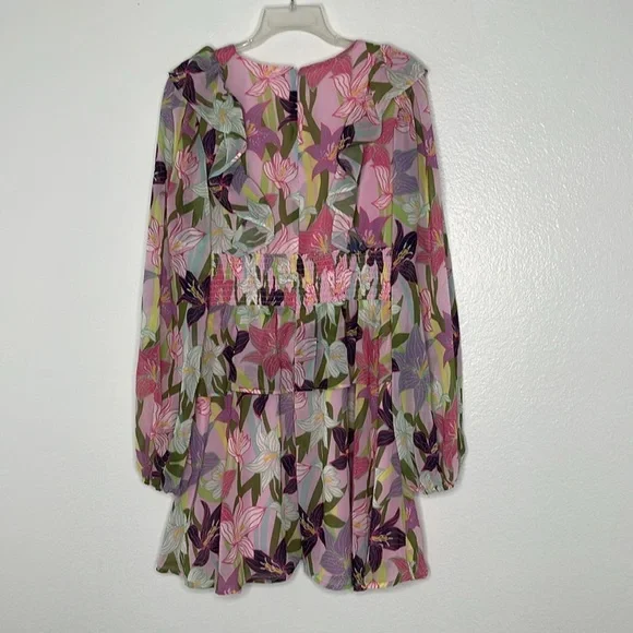 Hutch Floral Printed Ruffled Long Puff Sleeve Pink Mini V Neck Dress Size 10 New - Picture 8 of 9